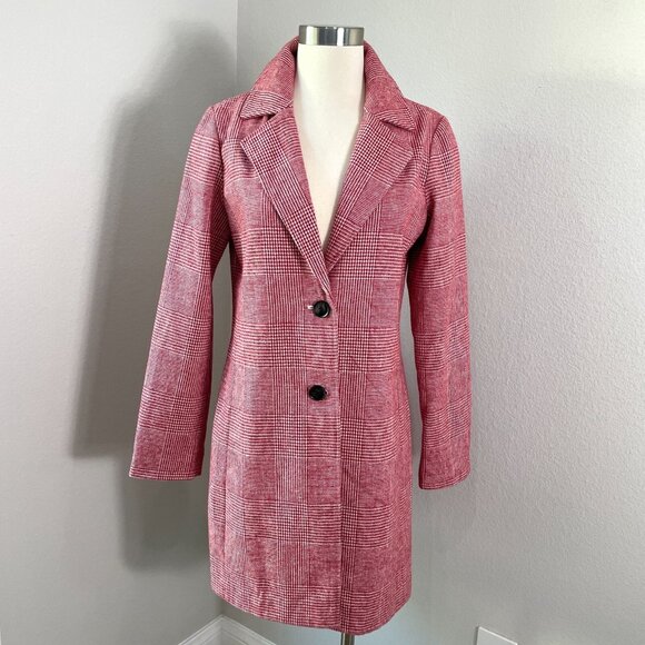 Avec Les Filles Womens Small Red White Plaid Notch Collar Trench Jacket Coat - Picture 1 of 12